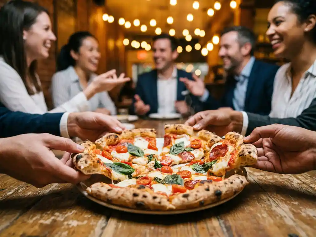 Collega's delen artisanale pizza met smeltende kaas aan rustieke houten tafel in gezellig restaurant met sfeerverlichting.