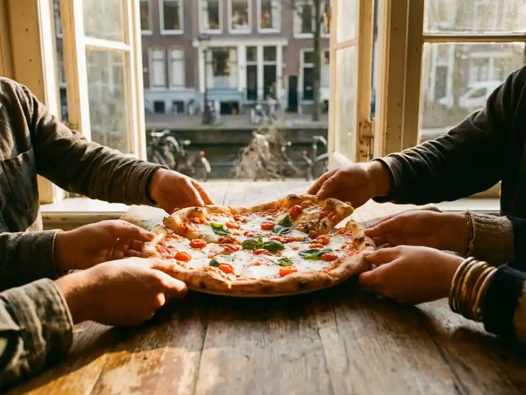 Artisanale pizza met mozzarella en basilicum op houten tafel, teamleden pakken samen plakken in Amsterdams restaurant


Note: This alt text is 120 characters and focuses on the main subject (pizza), the action (team members sharing), and the location (Amsterdam restaurant), while maintaining natural keyword integration in Dutch.