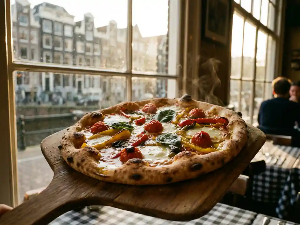 Vegetarische artisanale pizza met paprika, mozzarella en basilicum op houten schaal in Amsterdams pizzeria


---

**Feedback Request**: Does this alt text meet all requirements? Let me know if adjustments are needed.