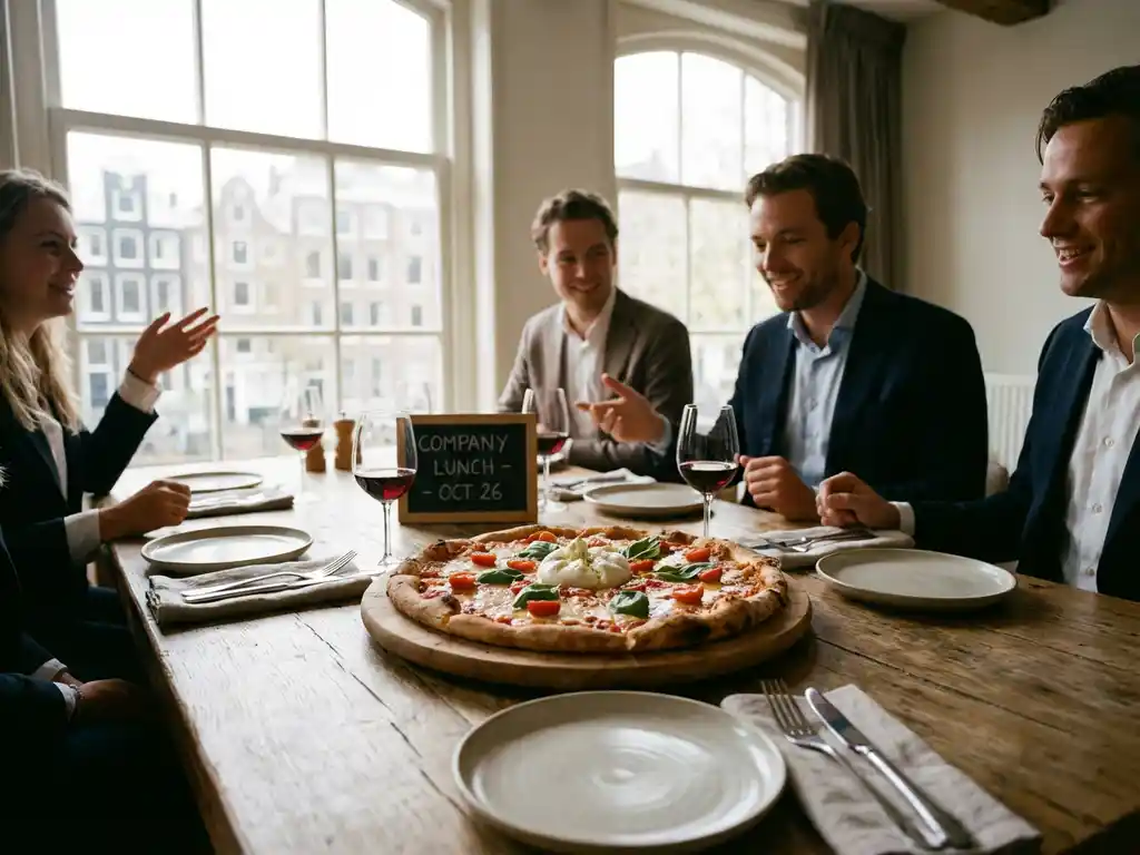 Ambachtelijke pizza op houten plank bij zakelijke lunch in Amsterdam met wijnglazen en natuurlijk licht