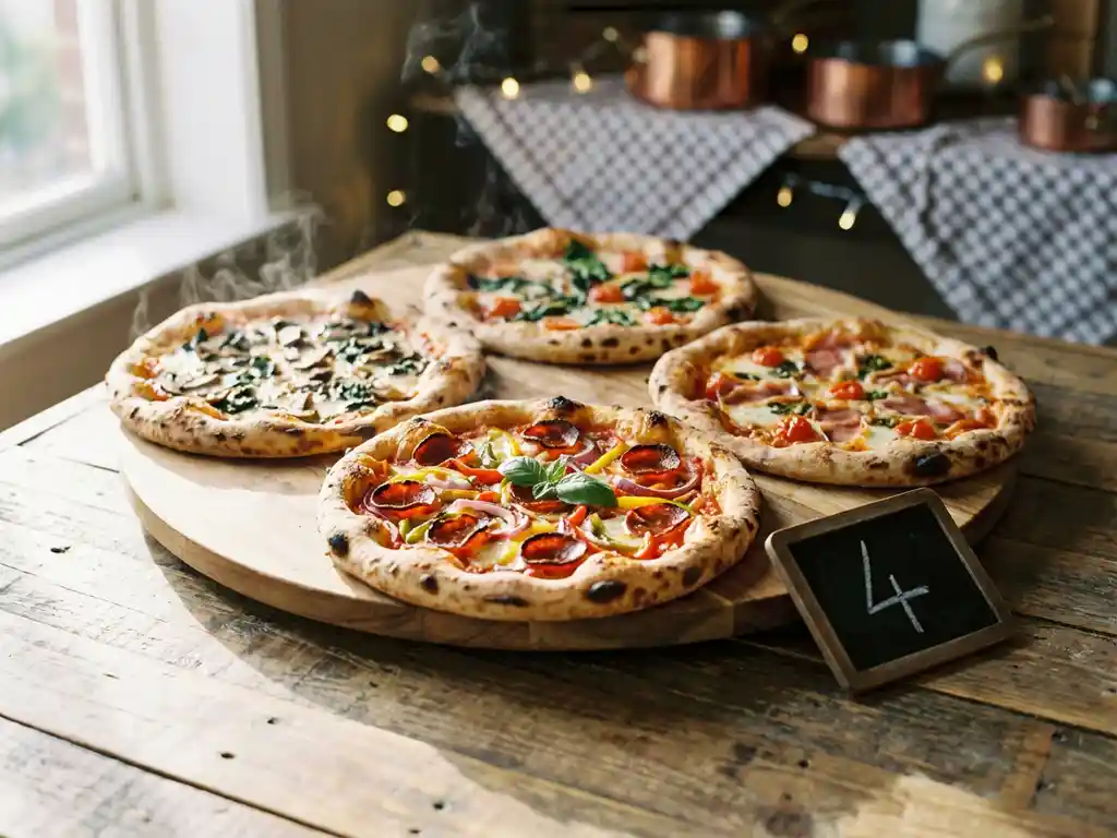 Vier ambachtelijke pizza's met diverse toppings op houten serveerplank, dampend vers uit de oven met gesmolten kaas