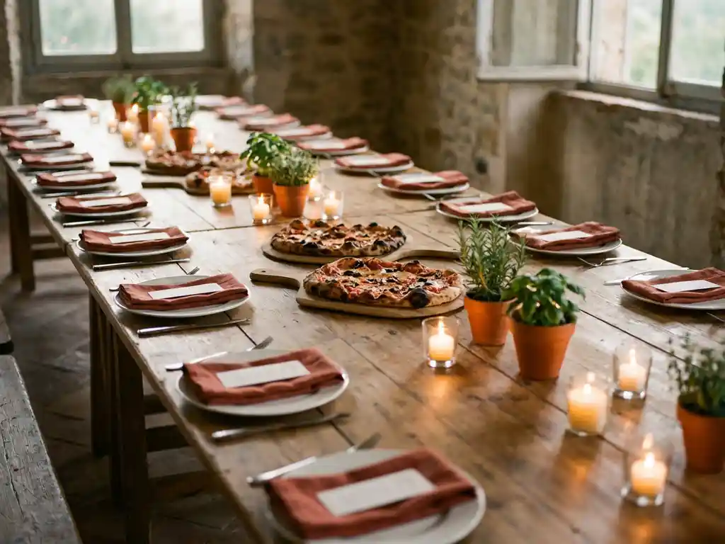 Rustieke houten banket tafel met vijftig gedekte plaatsen, terracotta servetten, kaarslicht en Romeinse pizza's op houten planken