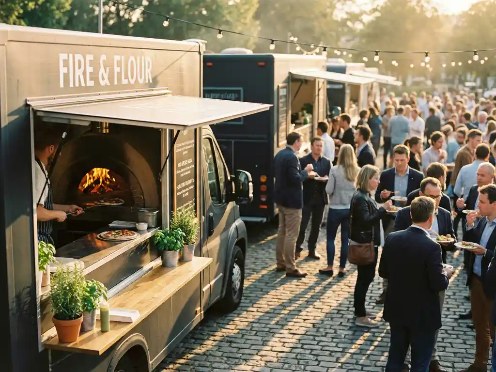 Drie foodtrucks bedienen gasten op keienstenen plein, pizzaoven met gouden vlammen zichtbaar in voorste truck