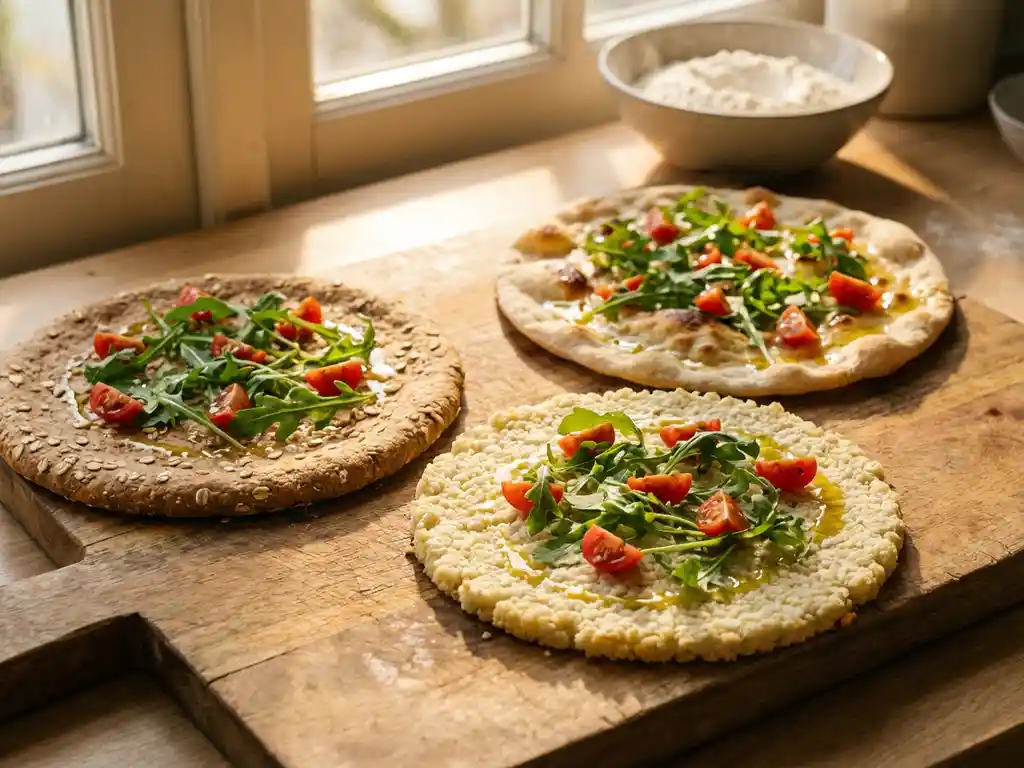 Drie pizzabodems op houten plank: volkoren, bloemkool en Romeins deeg, gegarneerd met rucola, cherrytomaten en olijfolie