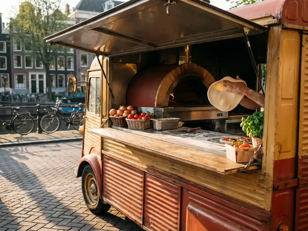 Vintage foodtruck met houtgestookte pizzaoven op Amsterdamse gracht, handen kneden pizzadeeg in warm namiddaglicht