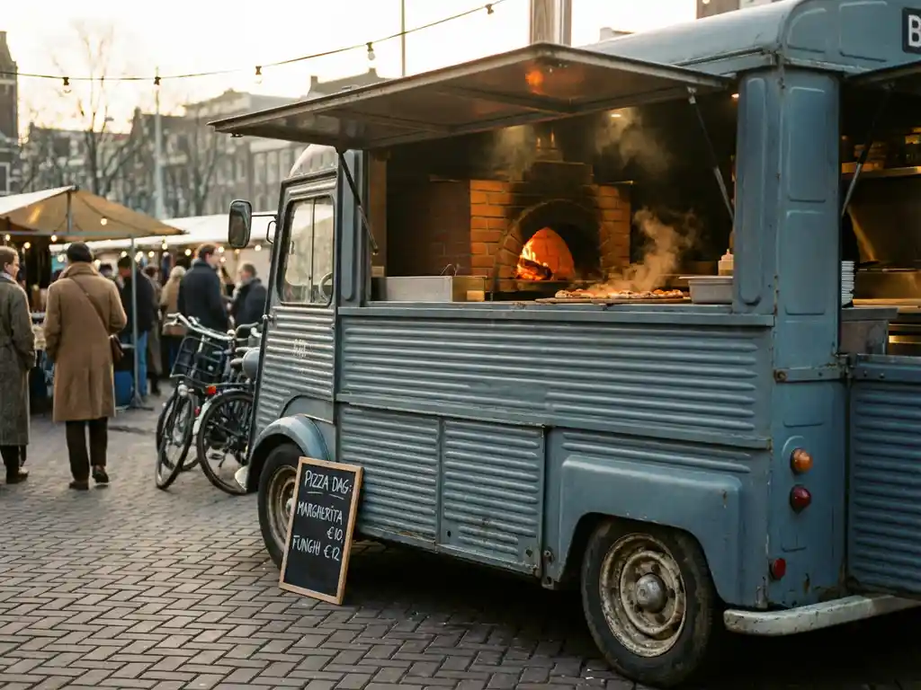Vintage foodtruck met houtgestookte pizzaoven op Amsterdamse straatmarkt bij avondlicht, stoom stijgt op van verse pizza's