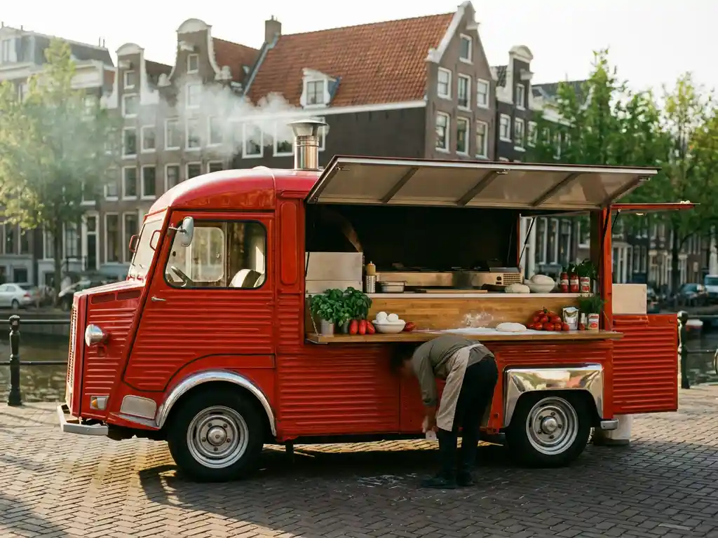 Rode foodtruck met open bedieningsraam op Amsterdamse gracht, verse pizza-ingrediënten op toonbank, rook uit schoorsteen