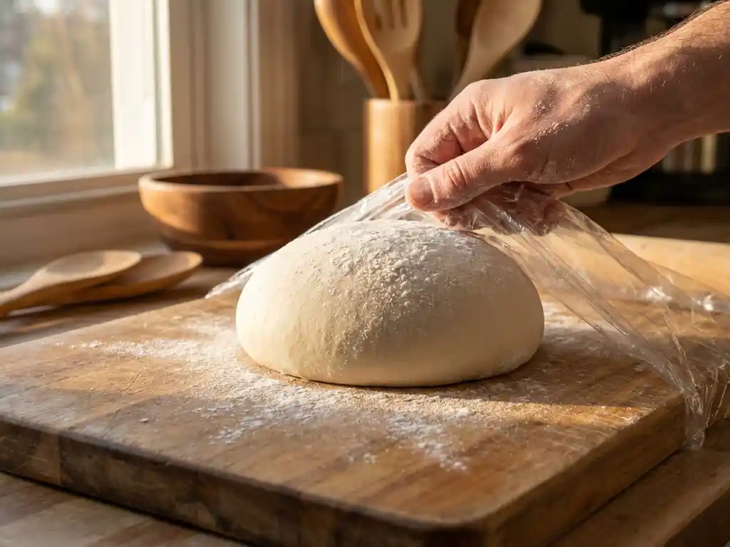Pizzadeeg wordt ingepakt in vriesfolie op een met bloem bestoven houten snijplank in een rustieke keuken