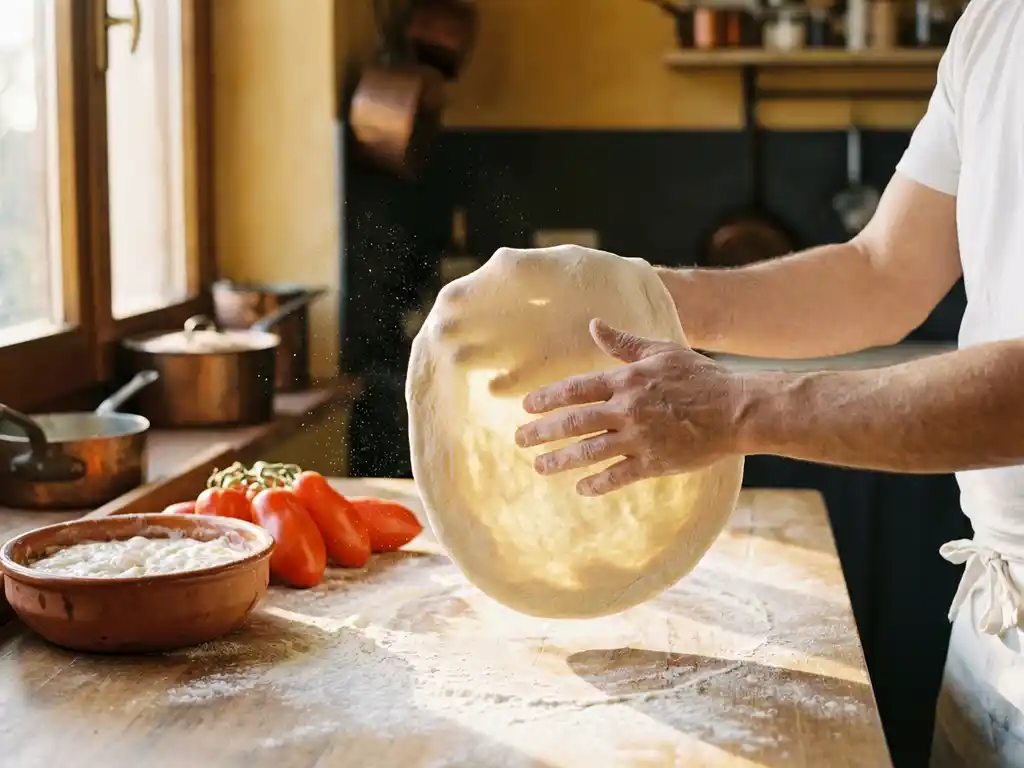 Pizzabakker rekt doorschijnend zuurdesemdeeg op houten werkvlak met bloem, zonlicht verlicht de luchtige textuur, San Marzano tomaten op achtergrond