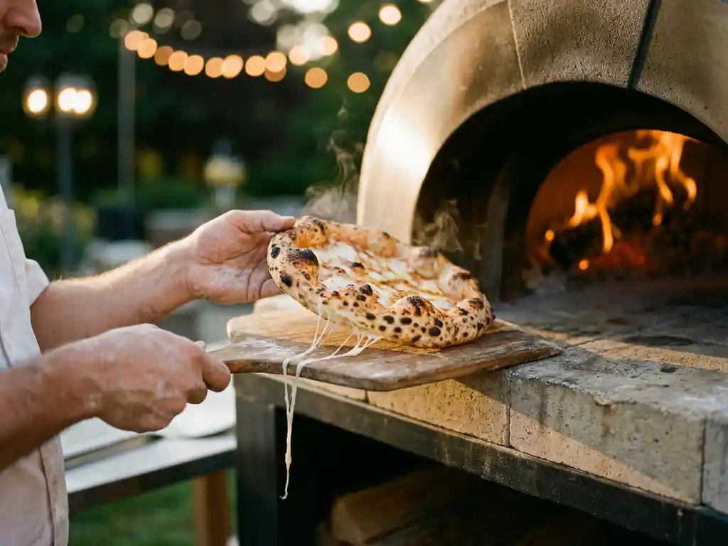 Zuurdesempizza met luipaardvlekken wordt uit houtgestookte oven getild, gesmolten mozzarella trekt mee, vlammen gloeien op achtergrond