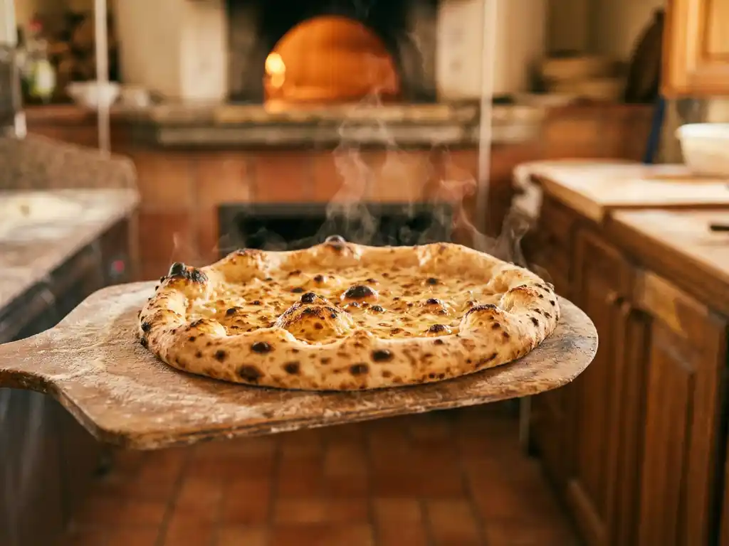 Goudbruine zuurdesempizzabodem met luchtbellen en roostertekens op houten pizzaschep, stoom rijzend uit houtoven