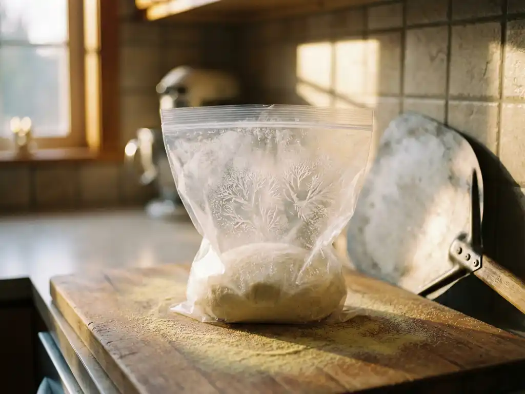 Zuurdesem pizzadeeg in bevroren zak op houten snijplank met semolina meel en pizzaschep op achtergrond