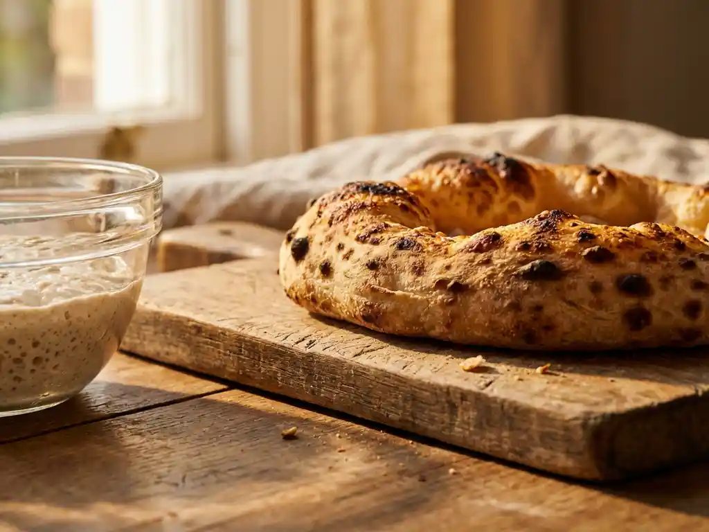 Goudbruine zuurdesempizzabodem met luchtbellen en leopardvlekken naast kom actieve starter op houten plank