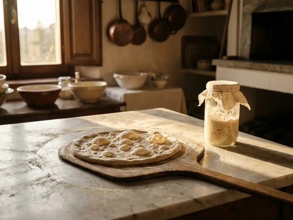 Houten pizzaschep met ongebakken zuurdesempizzabodem met luchtbellen naast pot actieve zuurdesemstarter op marmeren aanrecht