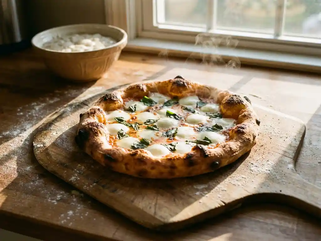 Goudbruine zuurdesempizza met luchtbellen op houten pizzaschep, geroosterde randen, mozzarella en basilicum