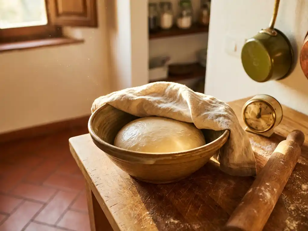 Glanzende bal zuurdesem pizzadeeg in rustieke kom met linnen doek, zachte ochtendzon op houten aanrecht