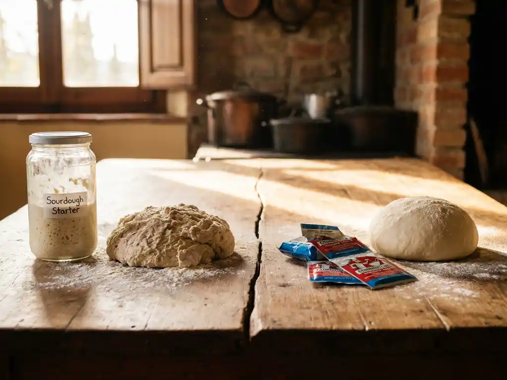 Rustieke houten bakkerstafel met zuurdesemstarter en ambachtelijk deeg links, commerciële gist en glad deeg rechts, bestoven met bloem in warm zonlicht