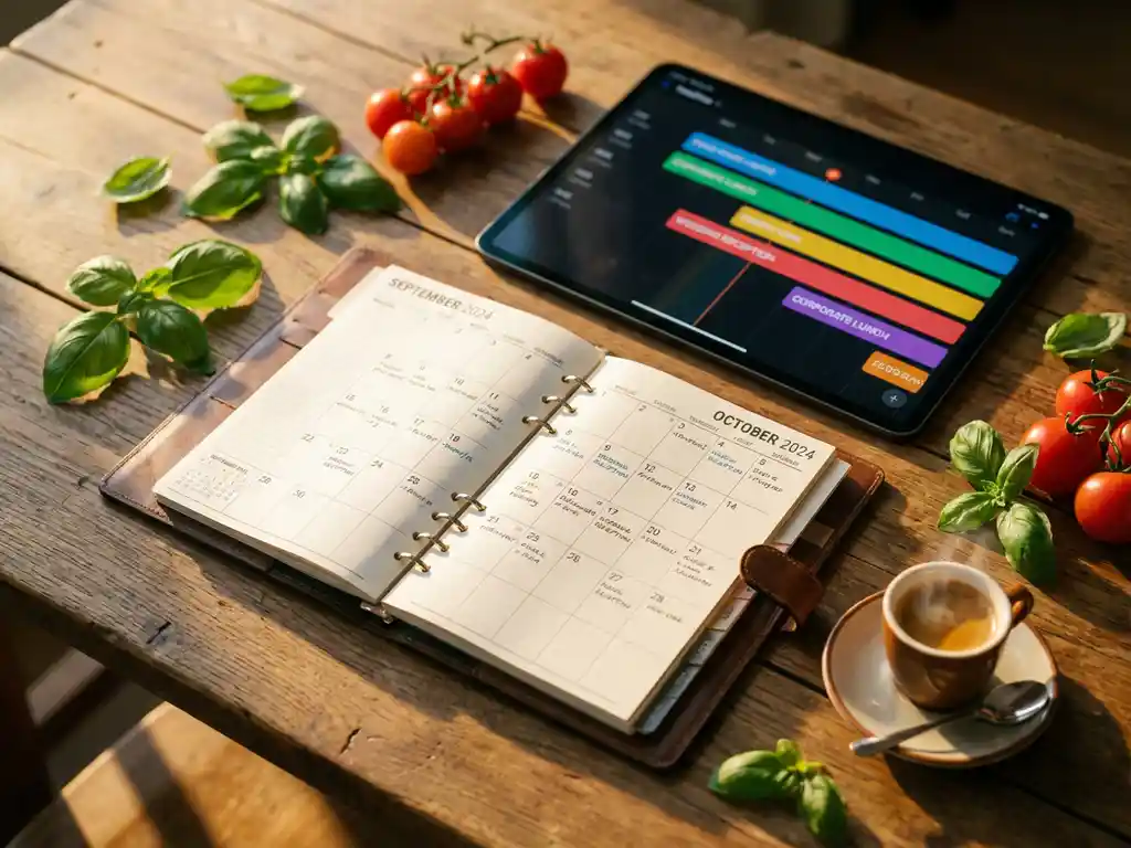 Cateringplanner bureau met kalender, tablet met evenementschema's, basilicum, cherrytomaatjes en espresso in gouden uurtje licht