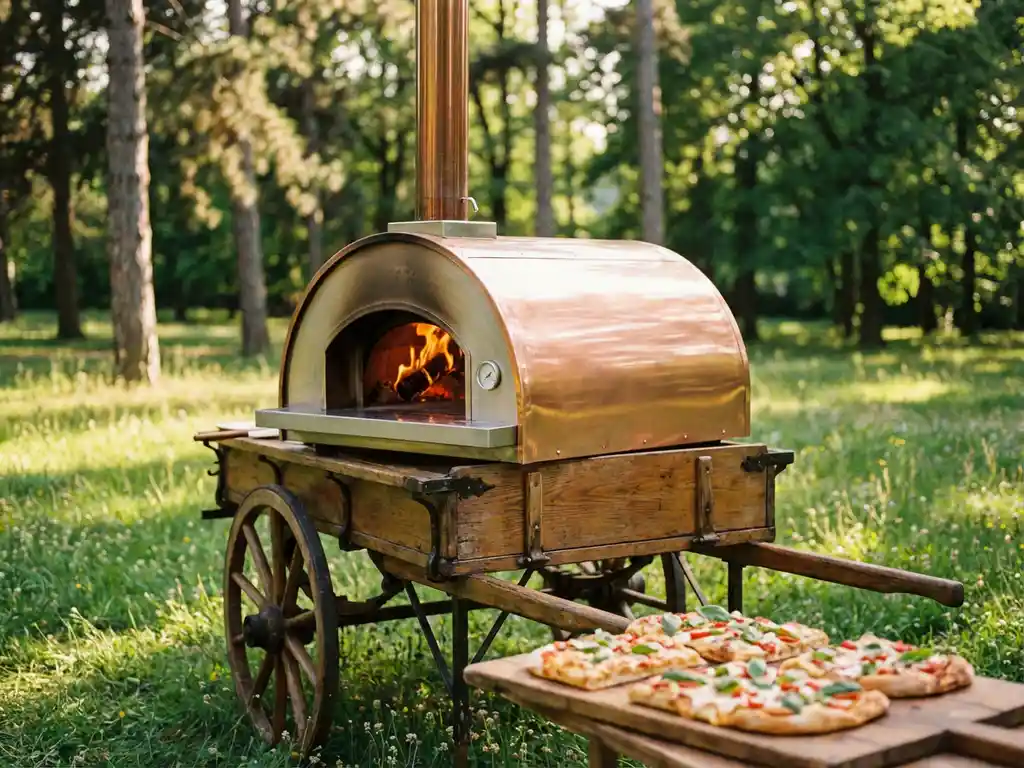 Mobiele houtgestookte pizzaoven op vintage kar met verse Romeinse pizza's op houten plank, oranje vlammen zichtbaar, zonlicht door bomen in park
