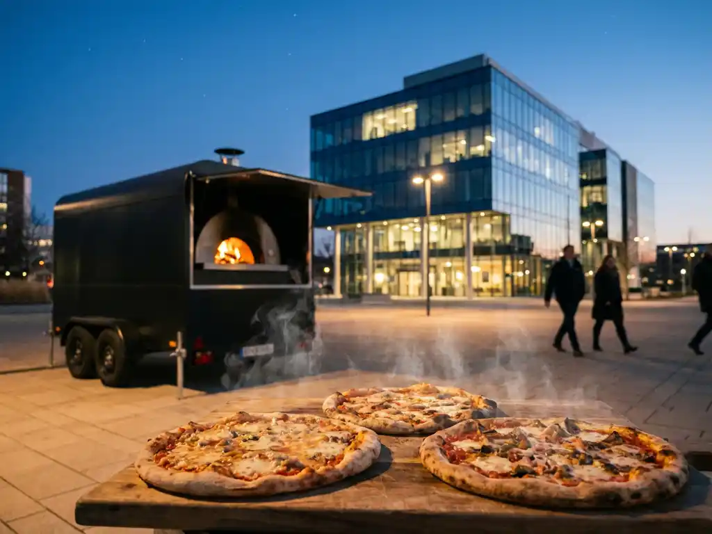 Mobiele pizzaoven met gloeiende vlammen bij modern kantoorgebouw, verse pizza's op houten plank, schemering met opkomende sterren