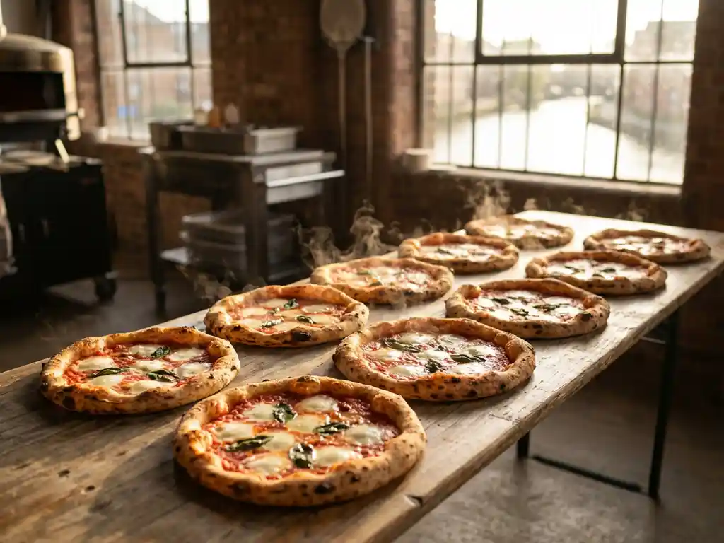 Twaalf verse Napolitaanse pizza's op rustieke houten cateringtafel in Amsterdams pakhuis met natuurlijk zonlicht